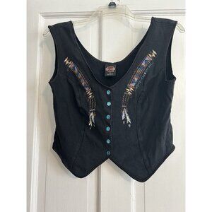 Womens 1995 Harley Davidson Black Biker ScreenPrinted Snap Front Vest Top Siz M